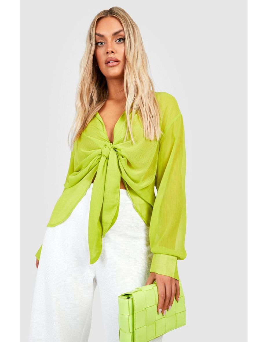 Plus Chiffon Drape Tie Detail Shirt Blouse - chartreuse - 3