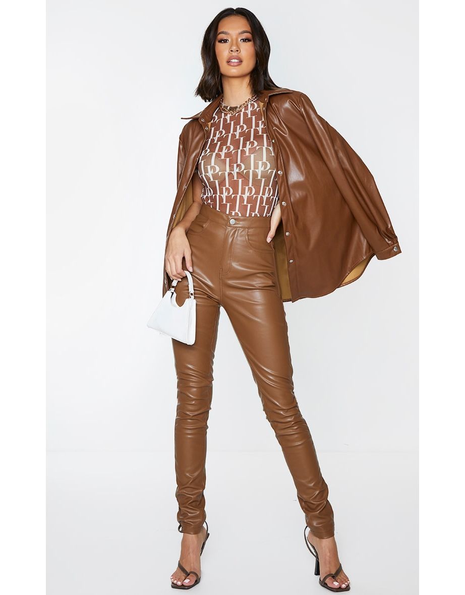 Chocolate Button Up Faux Leather Skinny Trousers