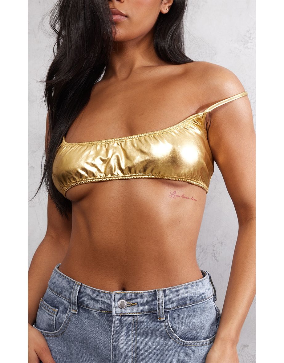 Gold Metallic Ruched Micro Crop Top - 3