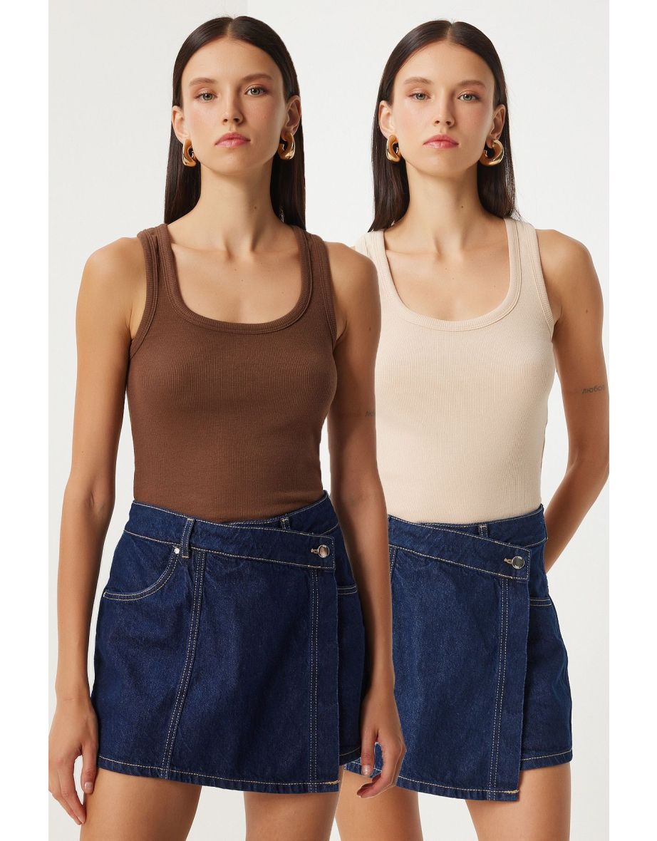 Women's Brown Cream 2-Piece Ribbed Thick Strappy Knitted Undershirt