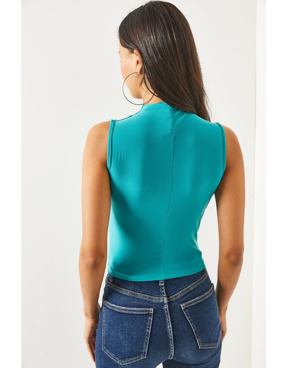 Women's Mint Green Stand Up Collar Smocking Detailed Crop Blouse - 4