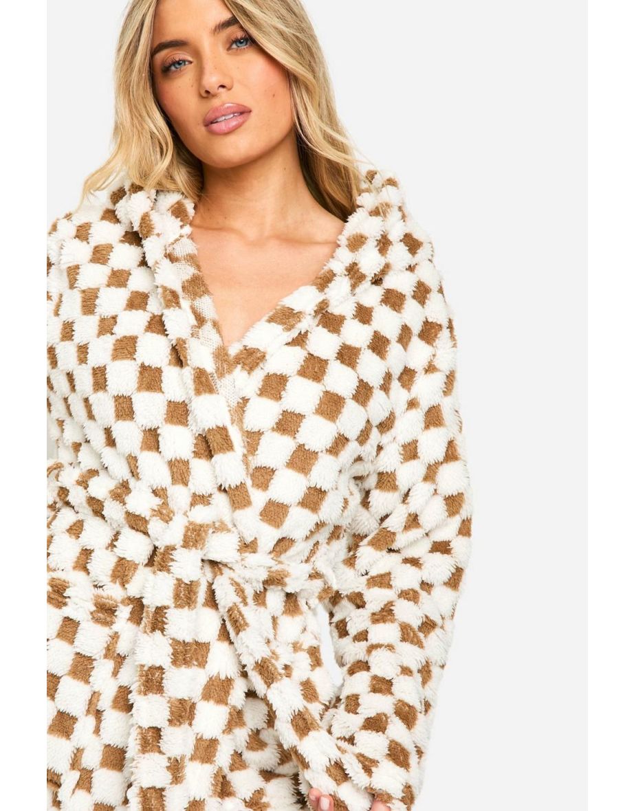 Tonal Checkerboard Maxi Fleece Dressing Gown - brown - 3