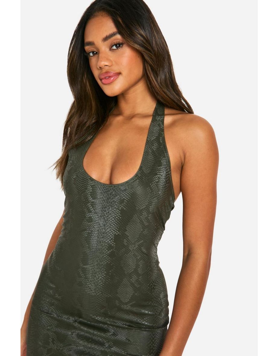 Snake Pu Halter Mini Dress - khaki - 3