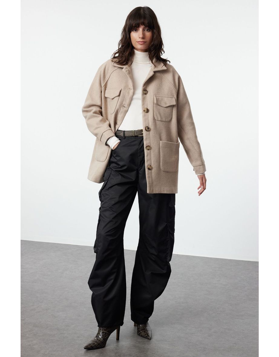 Beige Oversize Stamp Shacket Slim Jacket Coat