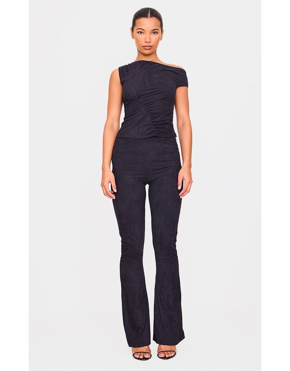 Black Faux Suede Skinny Flared Trousers