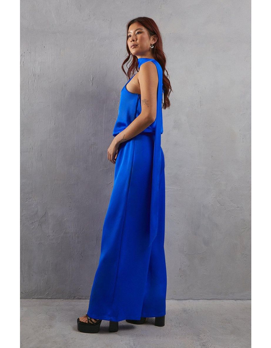 One Shoulder Drop Waist Satin Wide Leg Jumpsuit - 3