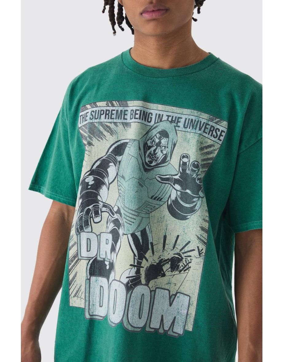 Oversized Marvel Dr Doom Comic Wash License Print T-Shirt - green - 2