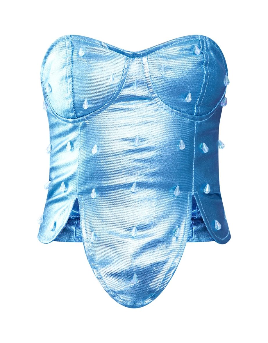 Blue Embellished Metallic Coated Denim Corset Top - 4