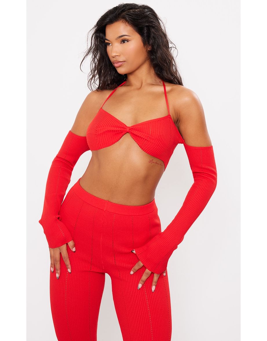 Red Rib Knit Bardot Tie Neck Top