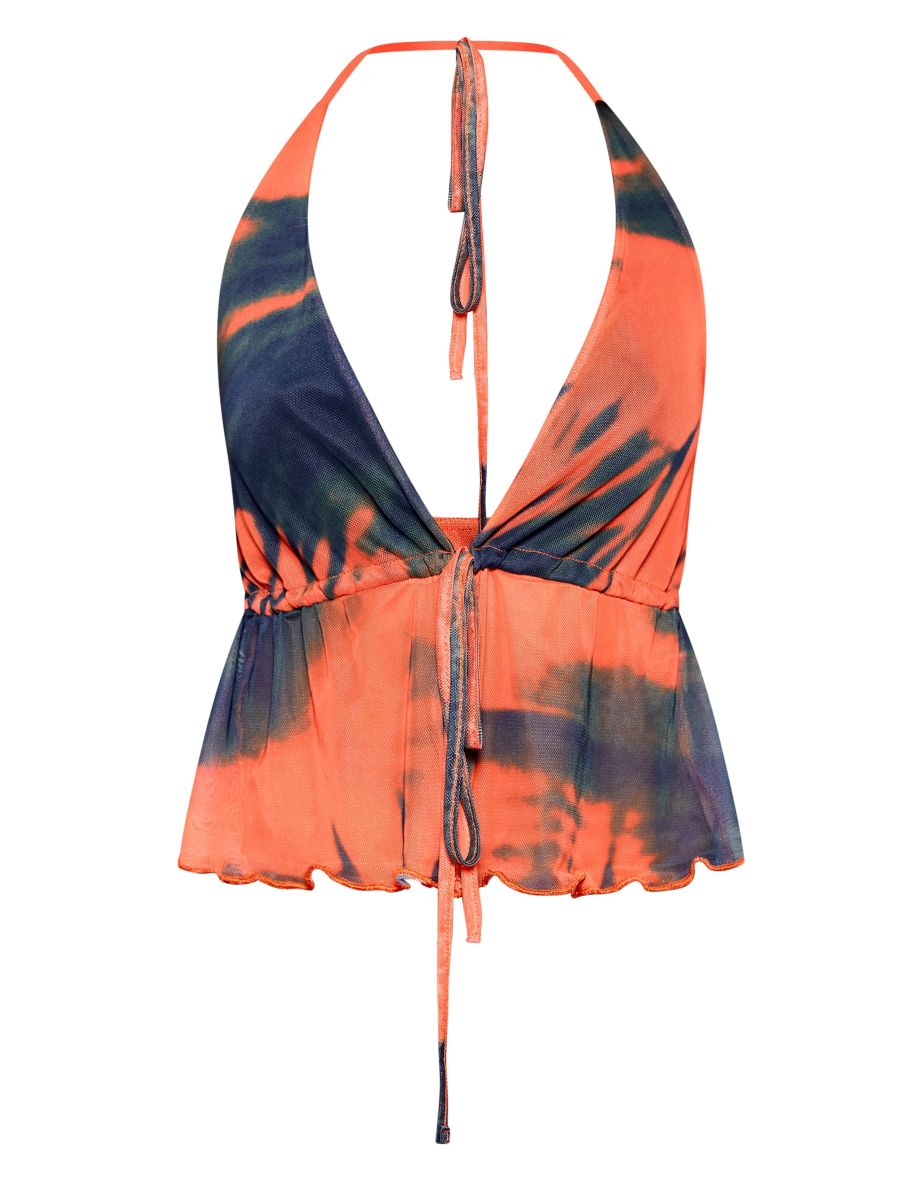Orange Abstract Print Mesh Halterneck Top - 4
