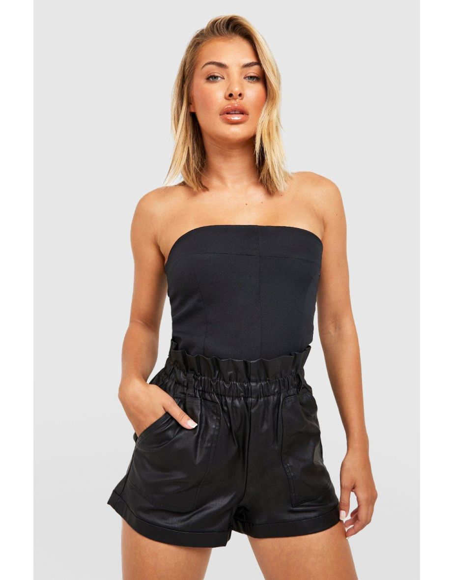Pu Coated Denim Paperbag Short - black
