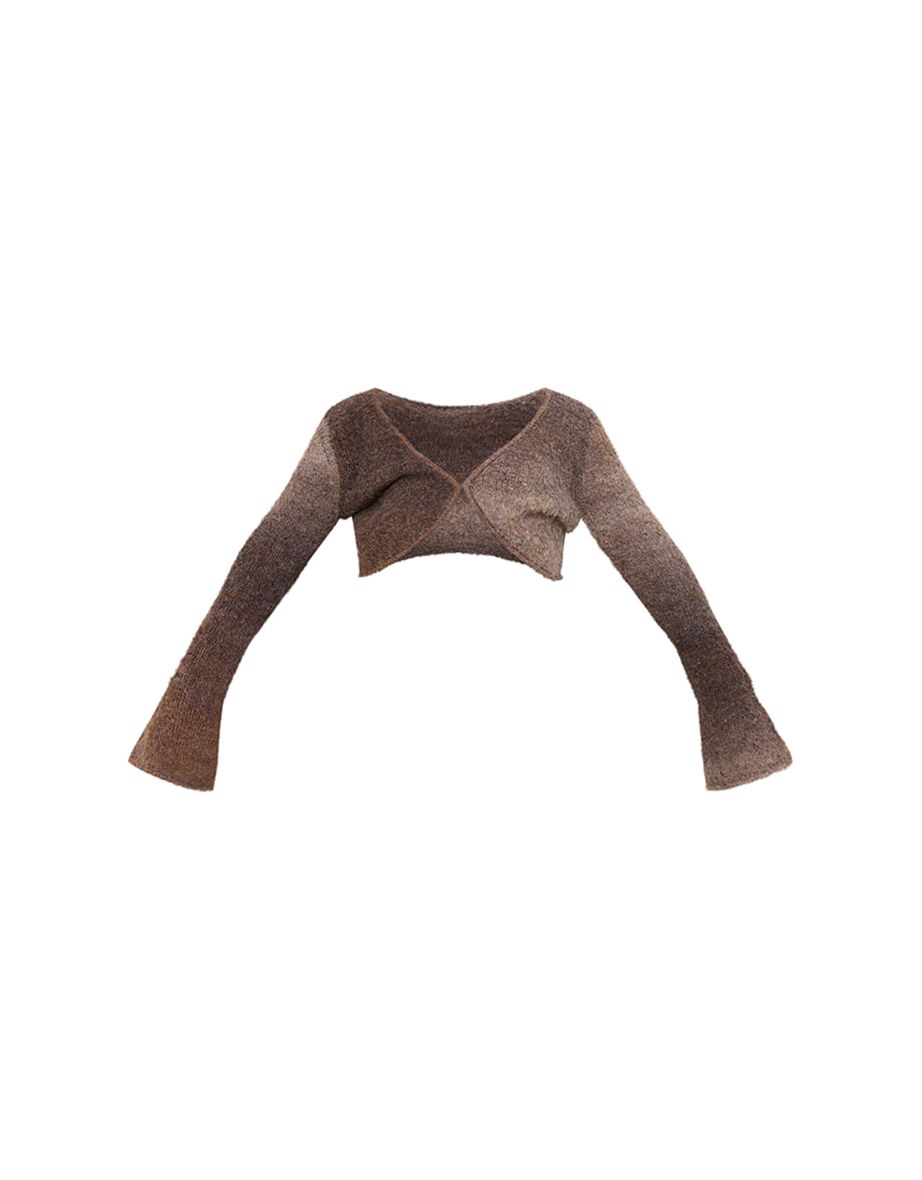 Mocha Stripe Textured Knit Flared Sleeve Mini Cardigan - 4