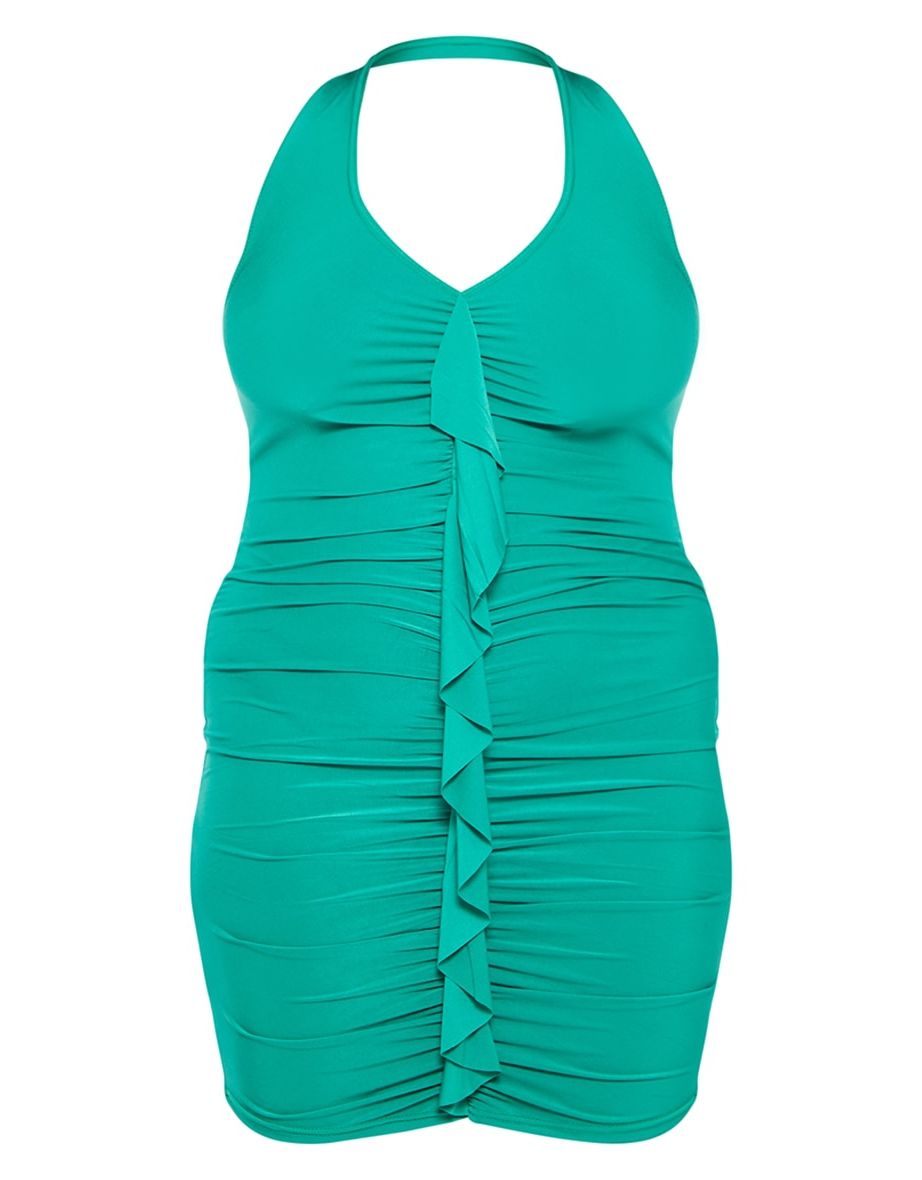 Plus Bright Green Ruffle Detail Halterneck Bodycon Dress - 4