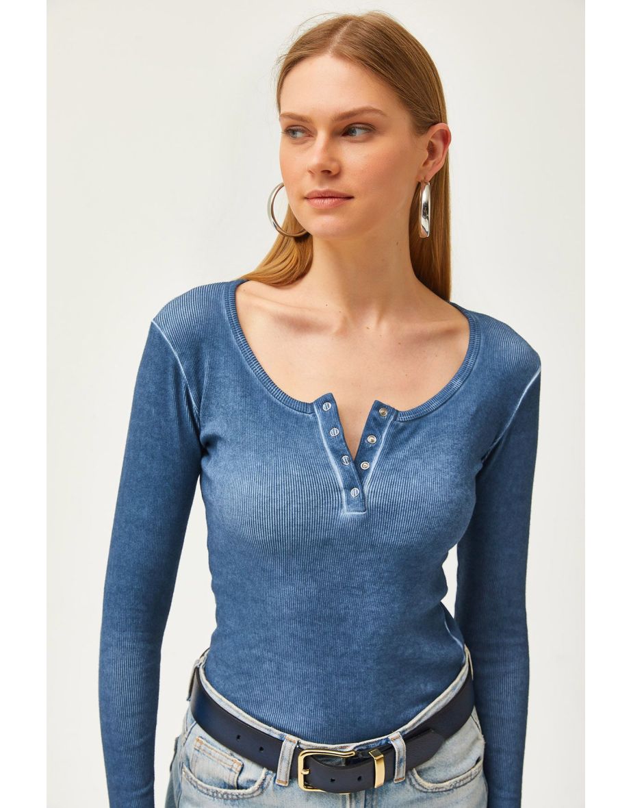 Women's Washed Indigo Placket Camisole Top - 4