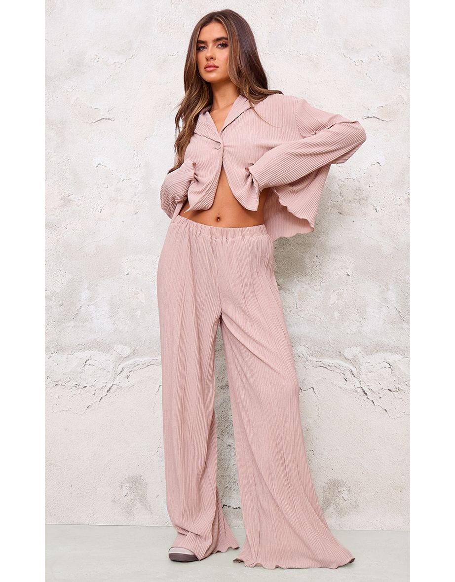 Taupe Textured Pleated Wide Leg Trousers