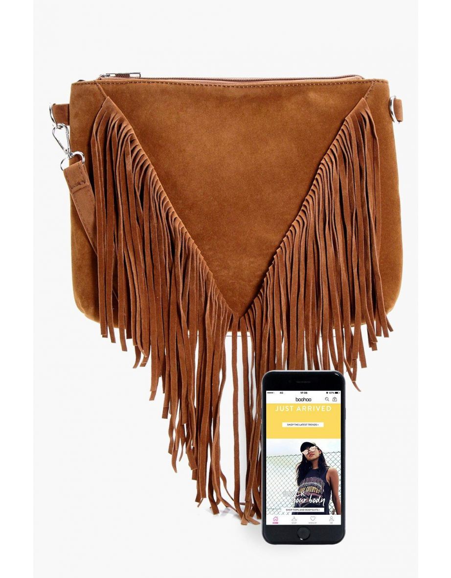 Suedette Fringed Cross Body Bag - tan - 3