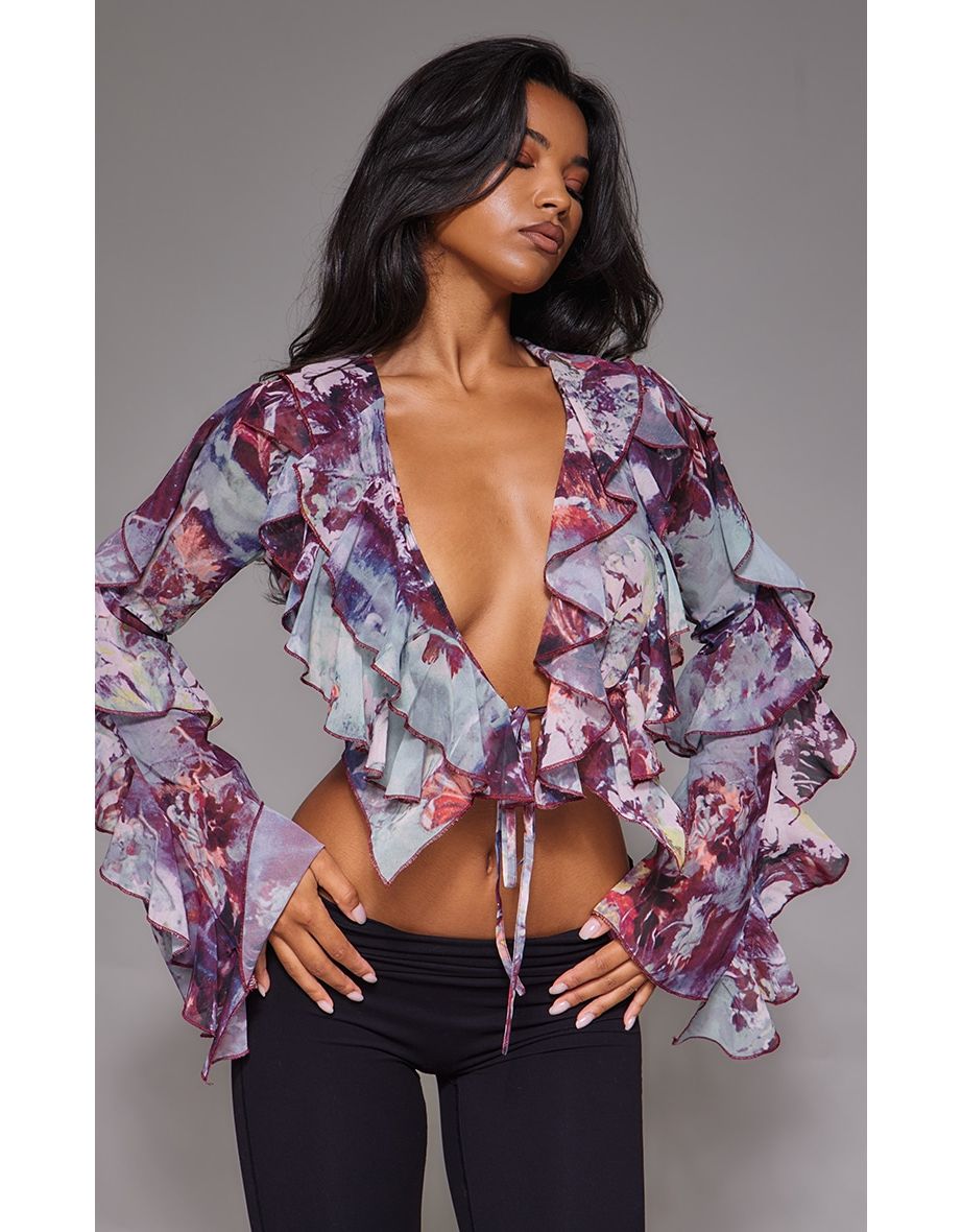 Purple Printed Sheer Woven Ruffle Tie Crop Blouse