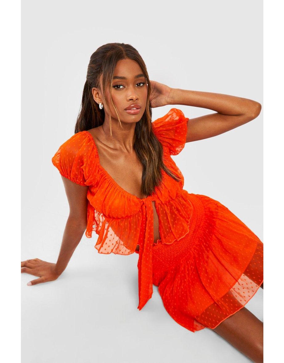 Dobby Mesh Knot Front Crop & Shirred Mini Skirt - orange - 3