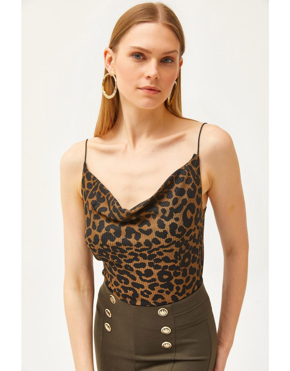 Women's Leopard Brown Turndown Collar Rope Strappy Blouse