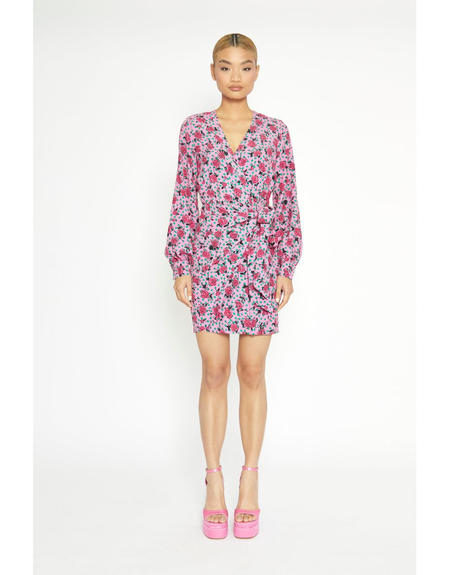 Glamorous Pink Multi Rose Mini Wrap Dress