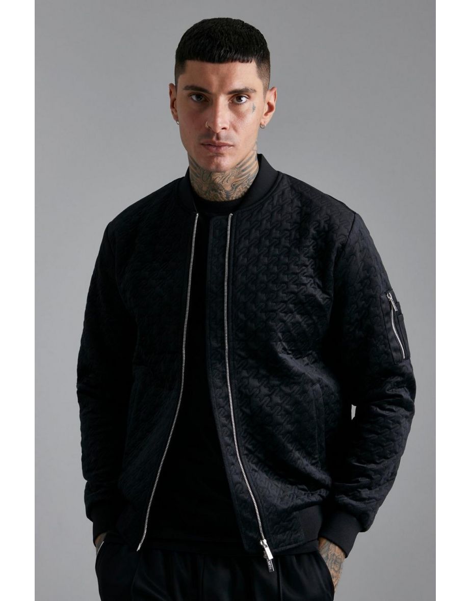 Houndtooth Quilted Velvet Bomber - black