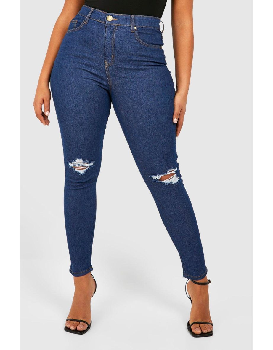 Plus High Waisted Distressed Skinny Jeans - dark blue - 3