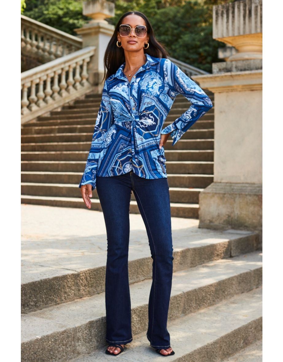 Blue Scarf Print Jersey Twist Front Shirt