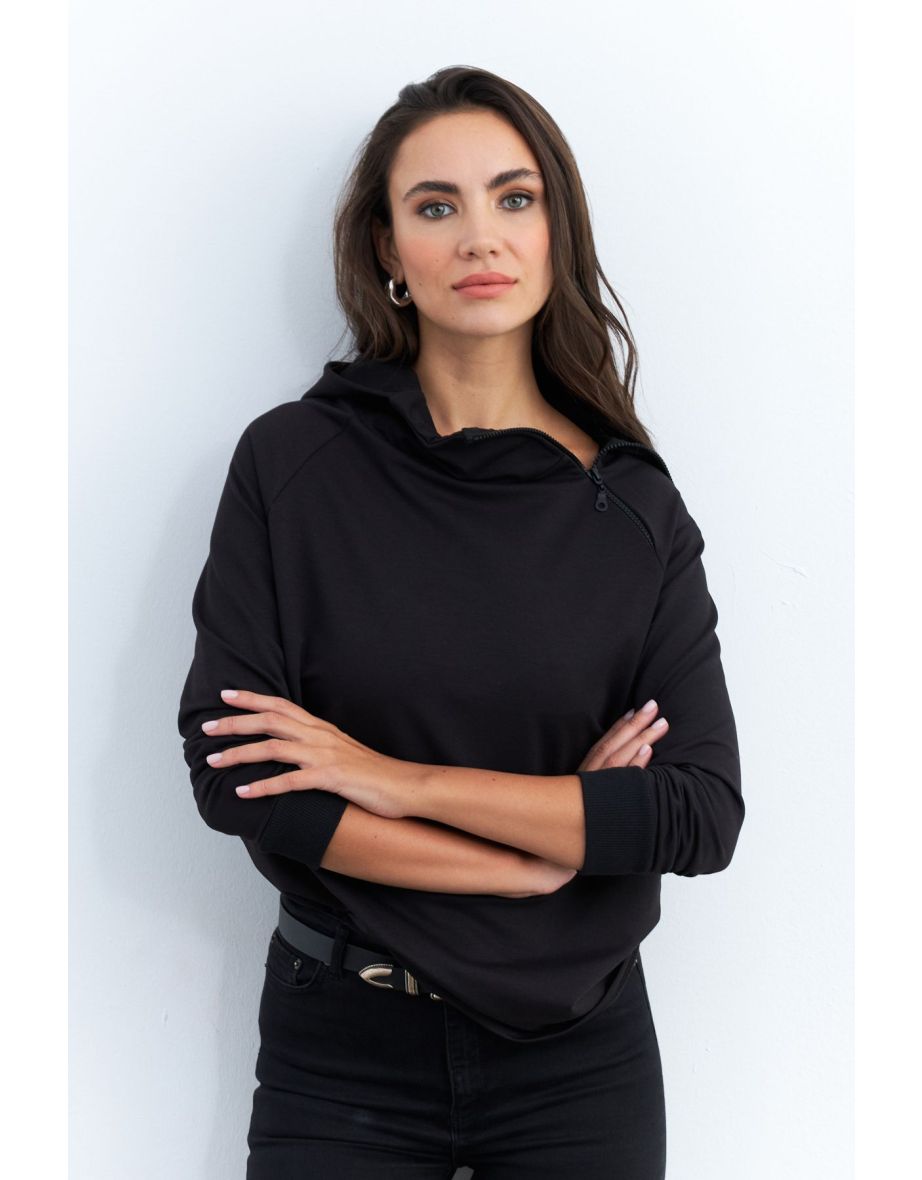 Women's Black Zippered Collar Sweatshirt - 6