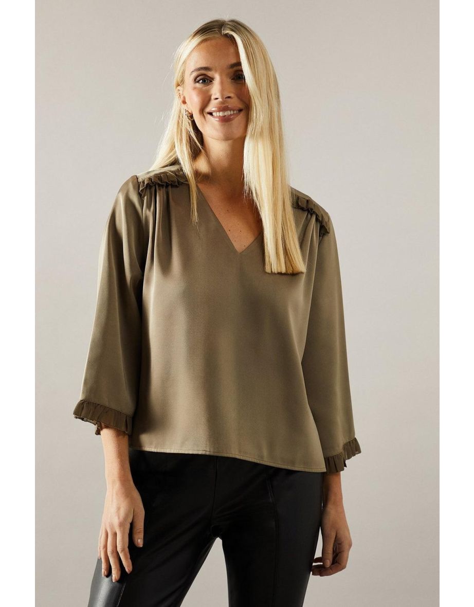 Petite Satin Flute Sleeve Frill Detail Blouse