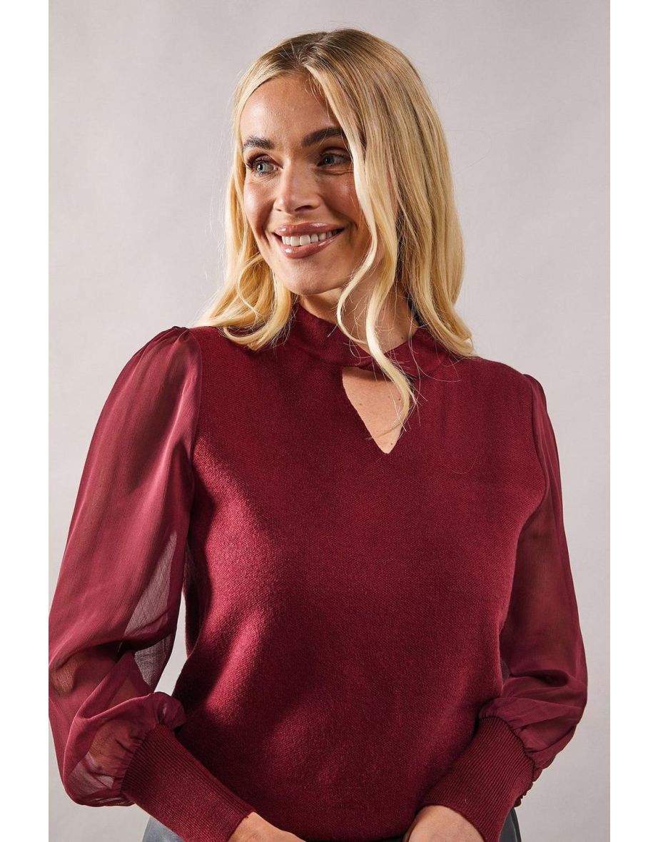 Petite Twist Neck Detail Chiffon Sleeve Jumper - 3