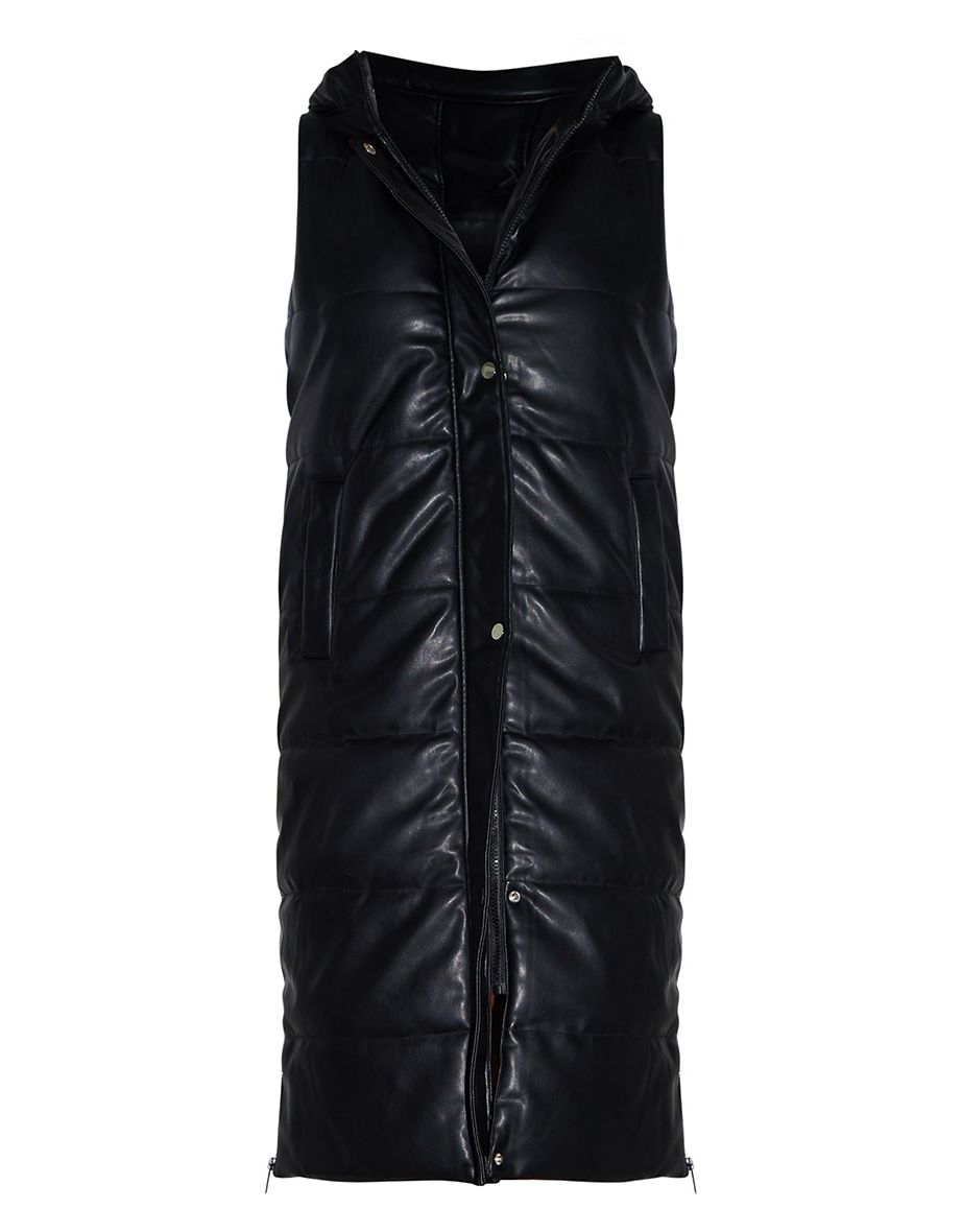 Black Faux Leather Hooded Midi Gilet - 4