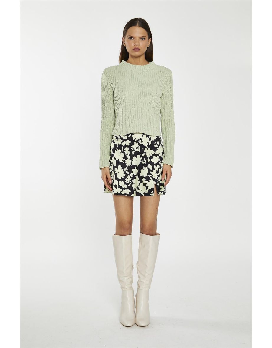 Soft-Lime Black-Floral Notch-Split Mini-Skirt