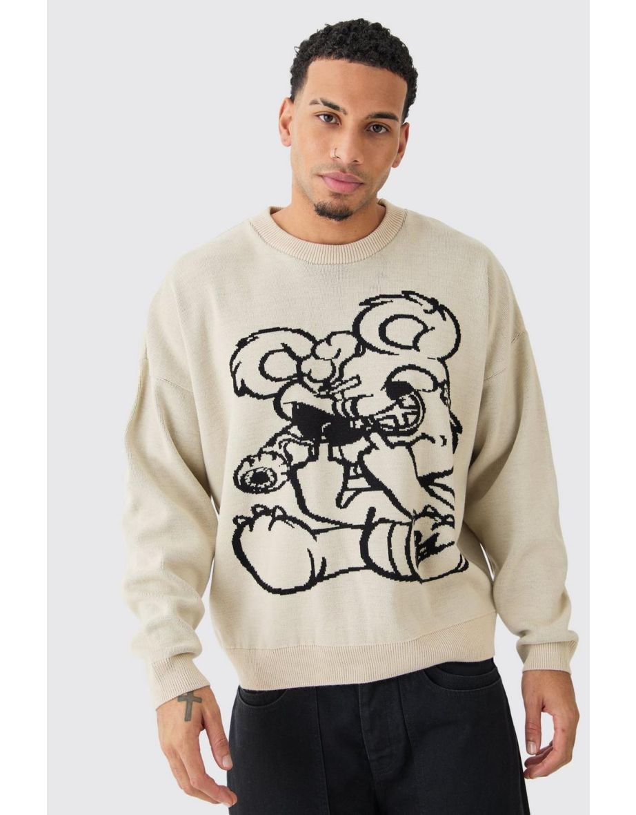 Oversized Drop Shoulder Graphic Knit Jumper - stone