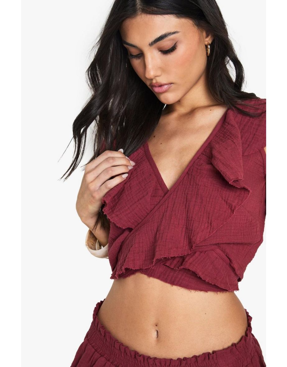 Cheesecloth Ruffle Wrap Crop Top - red - 3