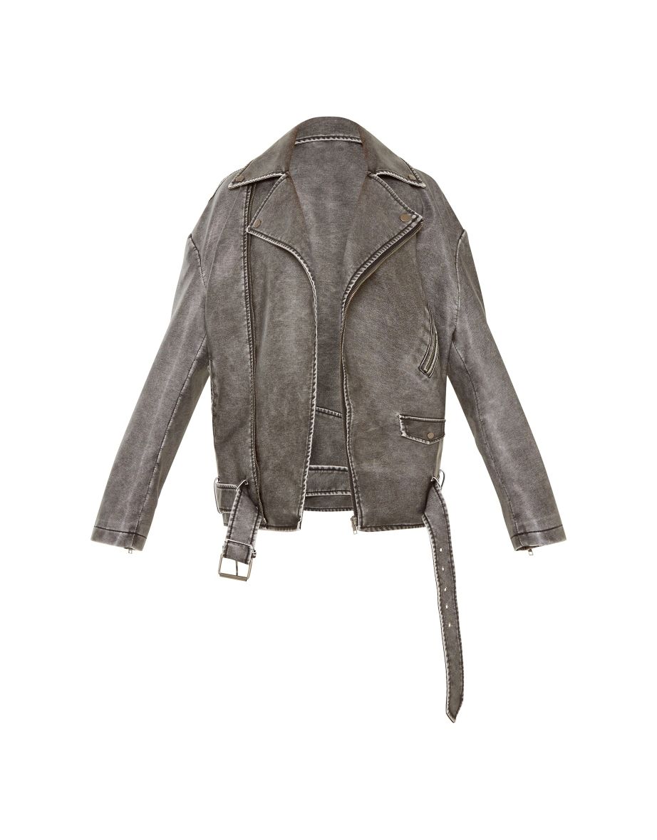 Petite Grey Distressed Look Faux Leather Longline Jacket - 4