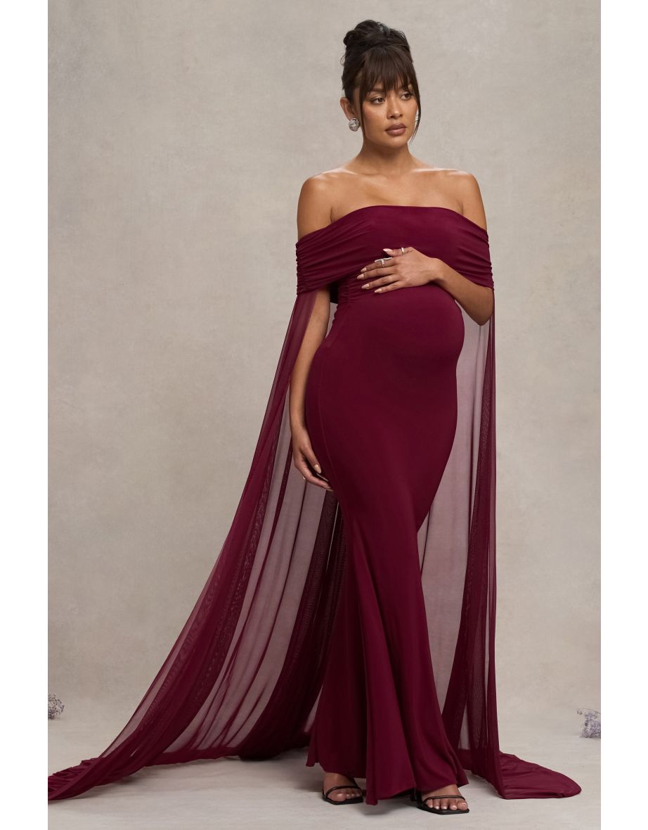 Carlotta | Berry Bardot Maternity Maxi Dress With Chiffon Cape - 3