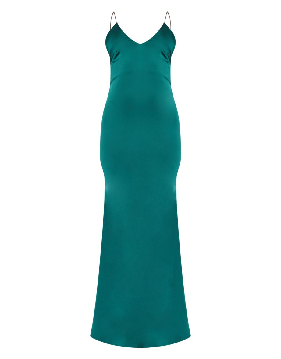 Emerald Green Satin V Neck Maxi Dress - 4