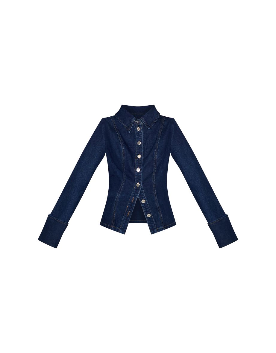 Indigo Long Sleeve Cinch Waist Denim Shirt - 4