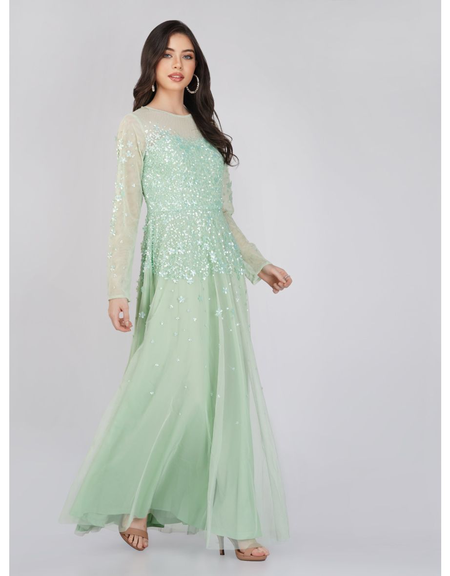 Shop Luciene Long Sleeve Embellished Maxi Dress in Mint Online in Oman VogaCloset