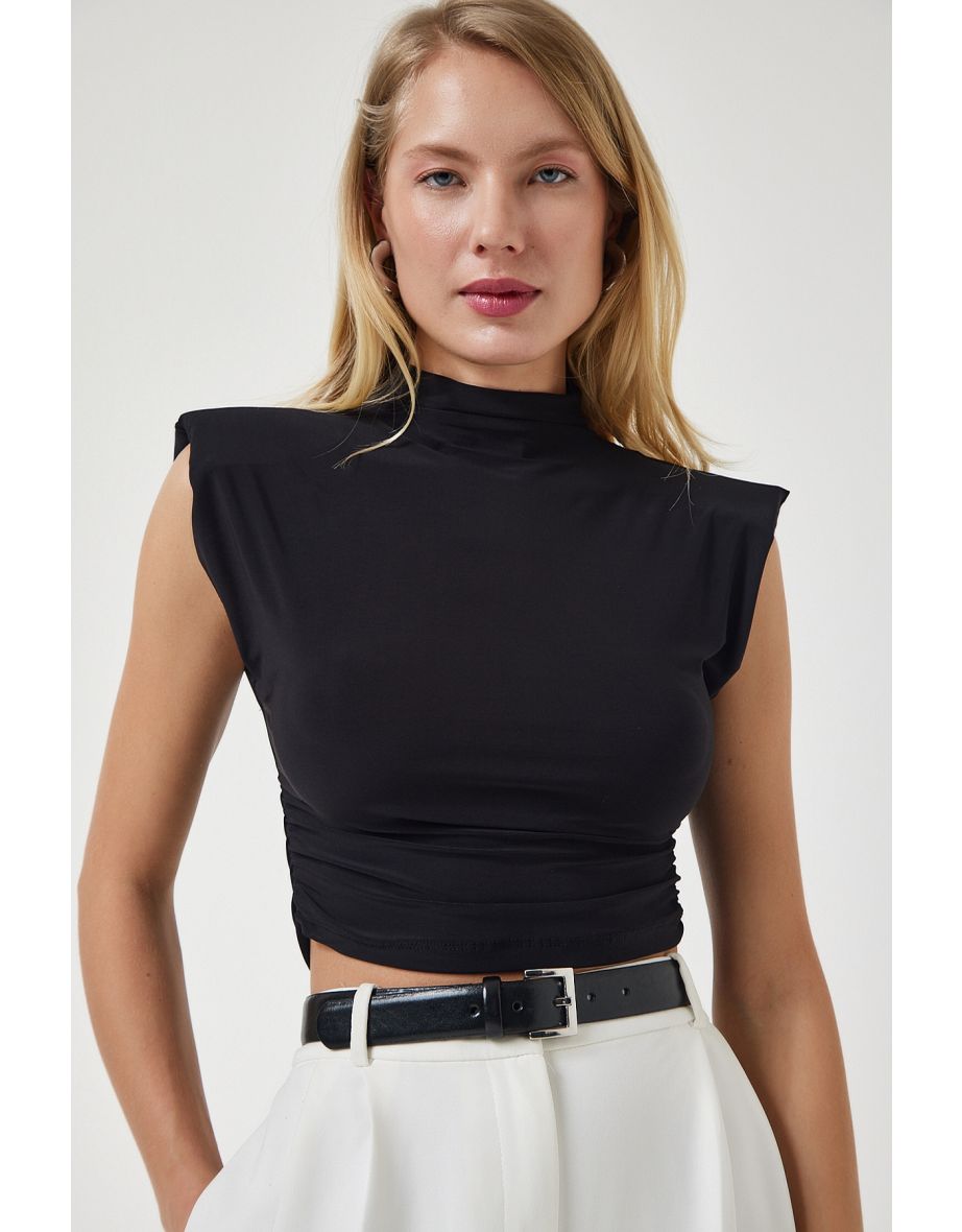 Women's Black High Neck Gathered Crop Knitted Blouse