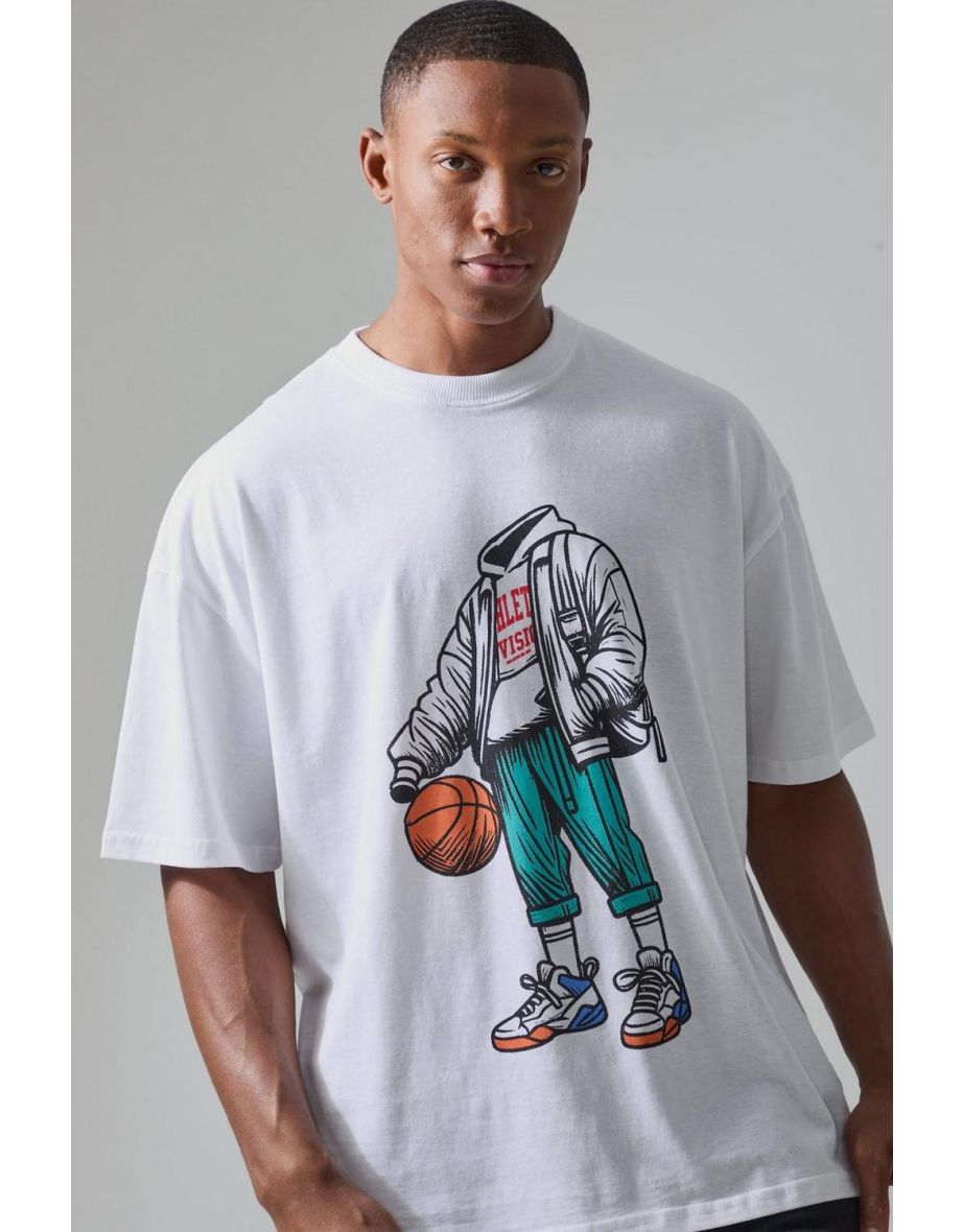 Man Active Oversized Athletic Basketball Graphic T-shirt - white - 2