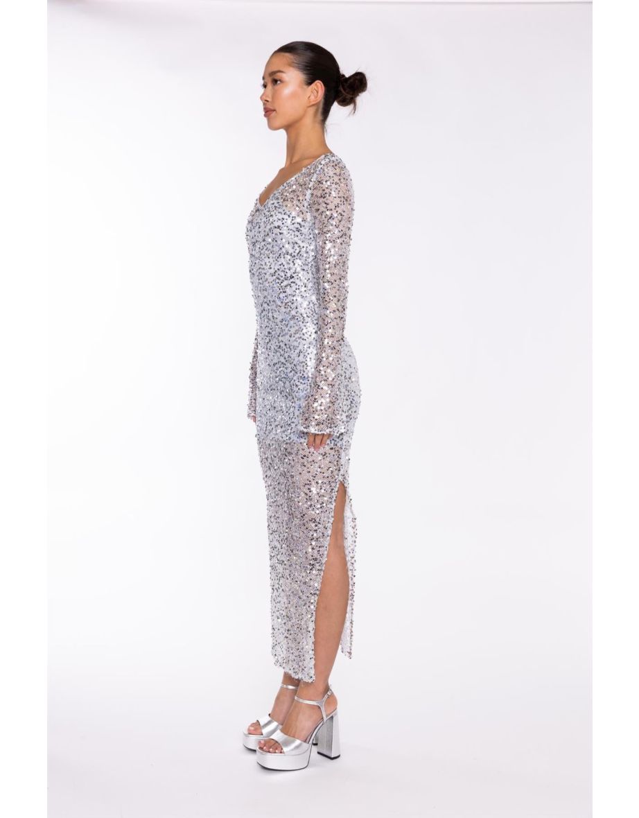 Silver Sequin-Mesh V-neck Maxi-Dress - 3