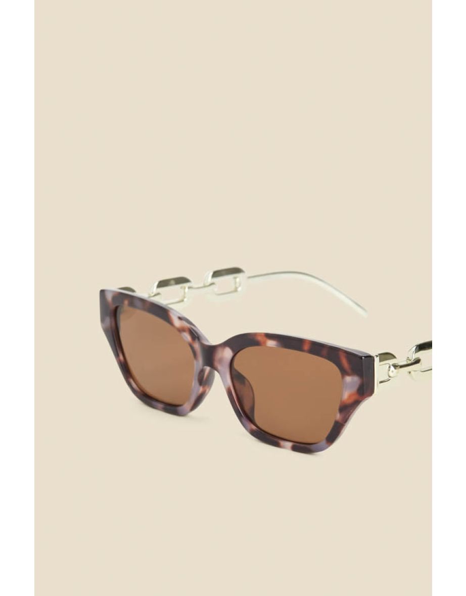 Brown Tortoiseshell Cat Eye Sunglasses With Chain Detail - 2