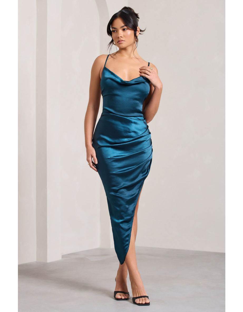 Risk It All | Teal Blue Satin Cami Cowl Neck Asymmetric Hem Dress - 4