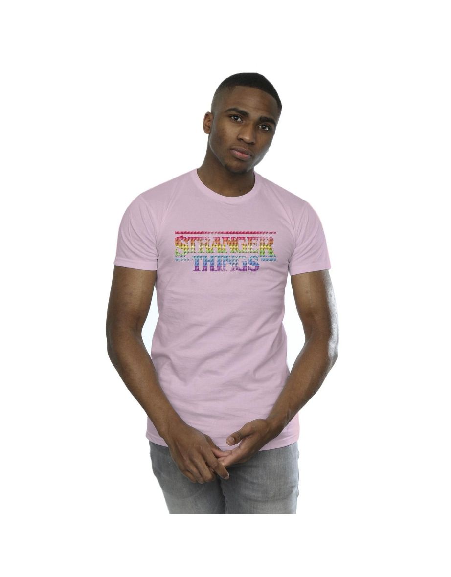 Netflix Mens Stranger Things Rainbow Dot Logo T-Shirt - Baby Pink