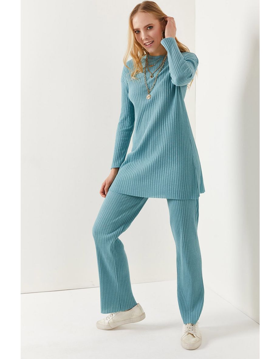 Women's Mint Green Top Slit Blouse Bottom Palazzo Ribbed Suit