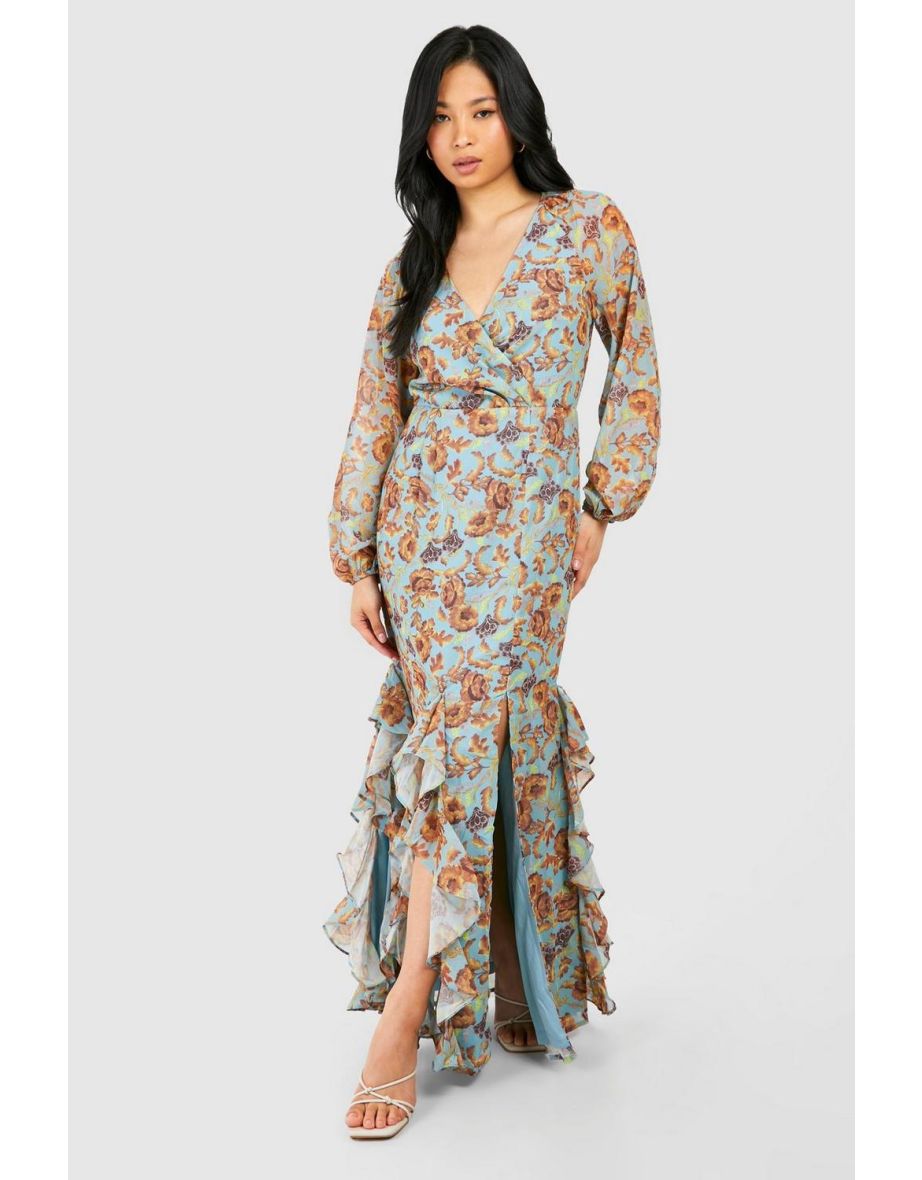 Petite Floral Print Ruffle Wrap Maxi Dress - blue