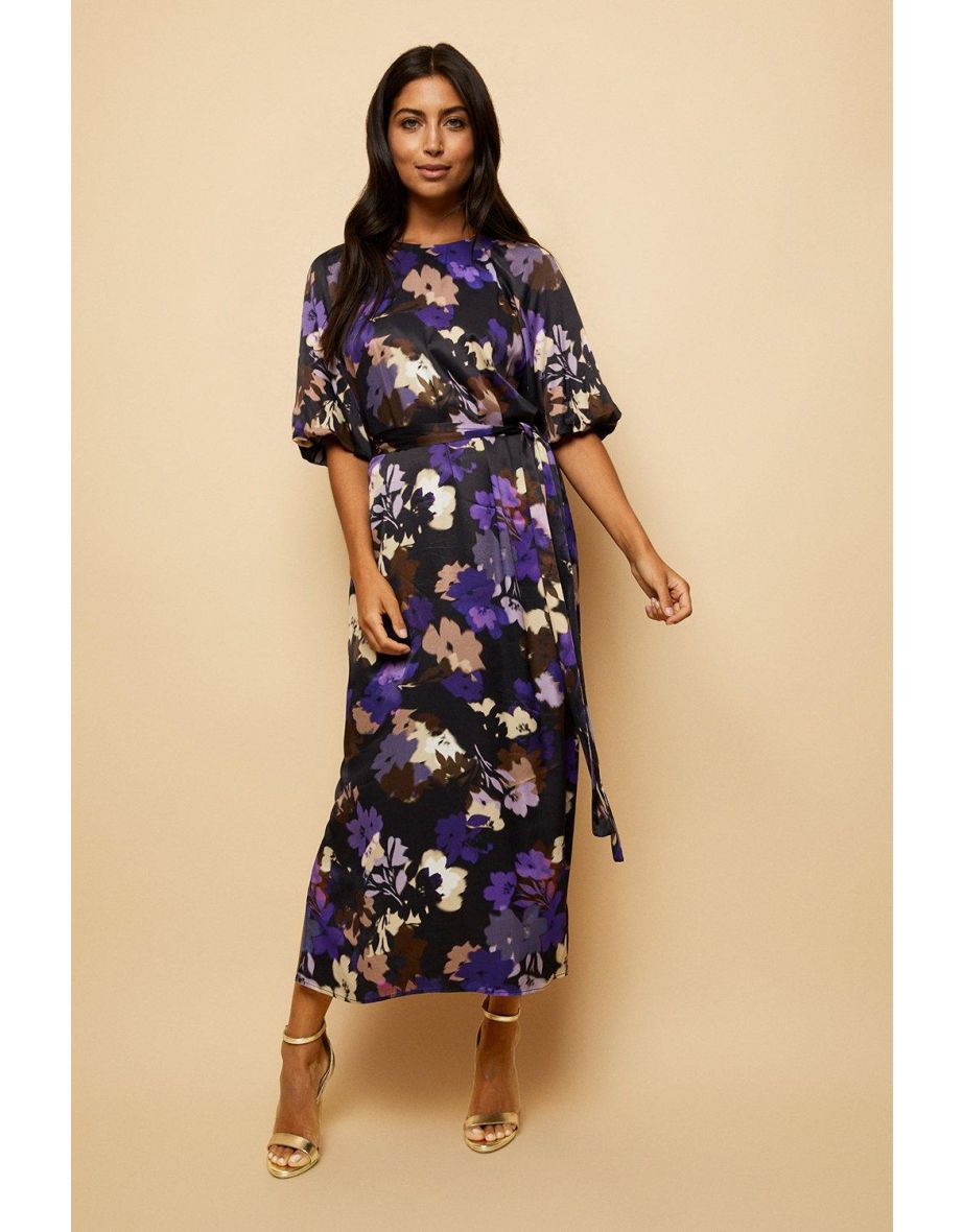 Purple Floral Satin Midi Dress