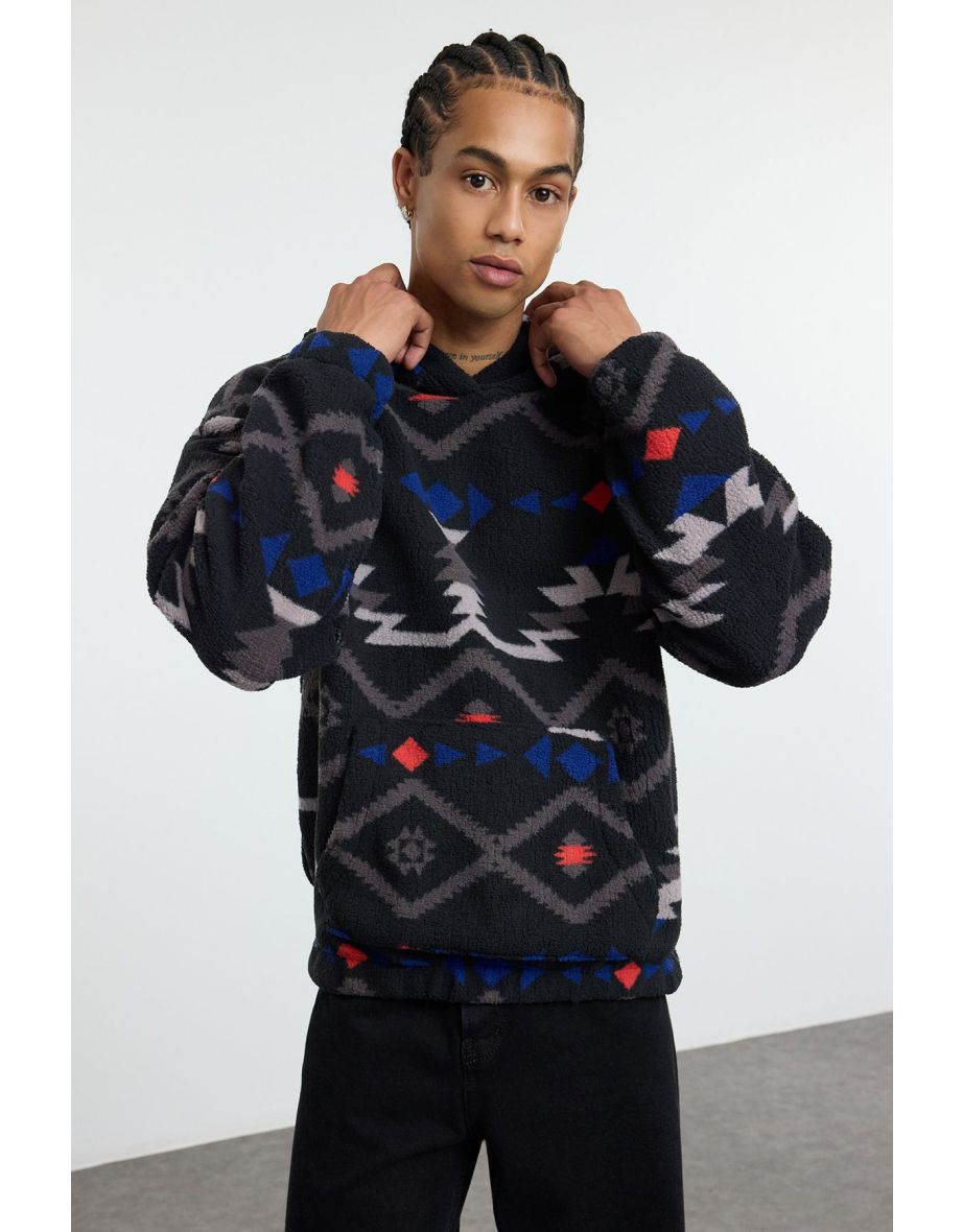 Black Unisex Oversize/Wide Cut Patterned Sherpa Sweatshirt