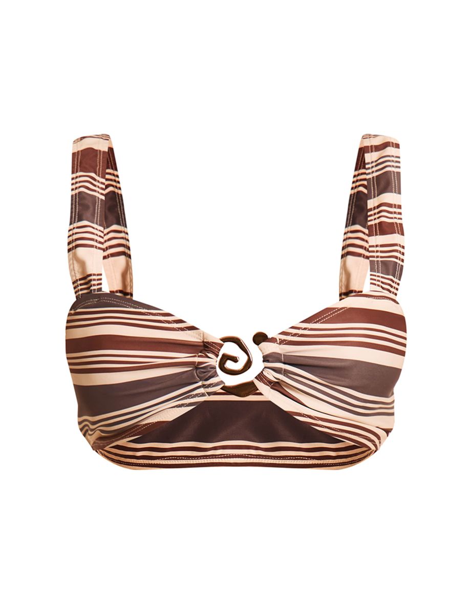 Brown Stripe Swirl Trim Bikini Top - 3